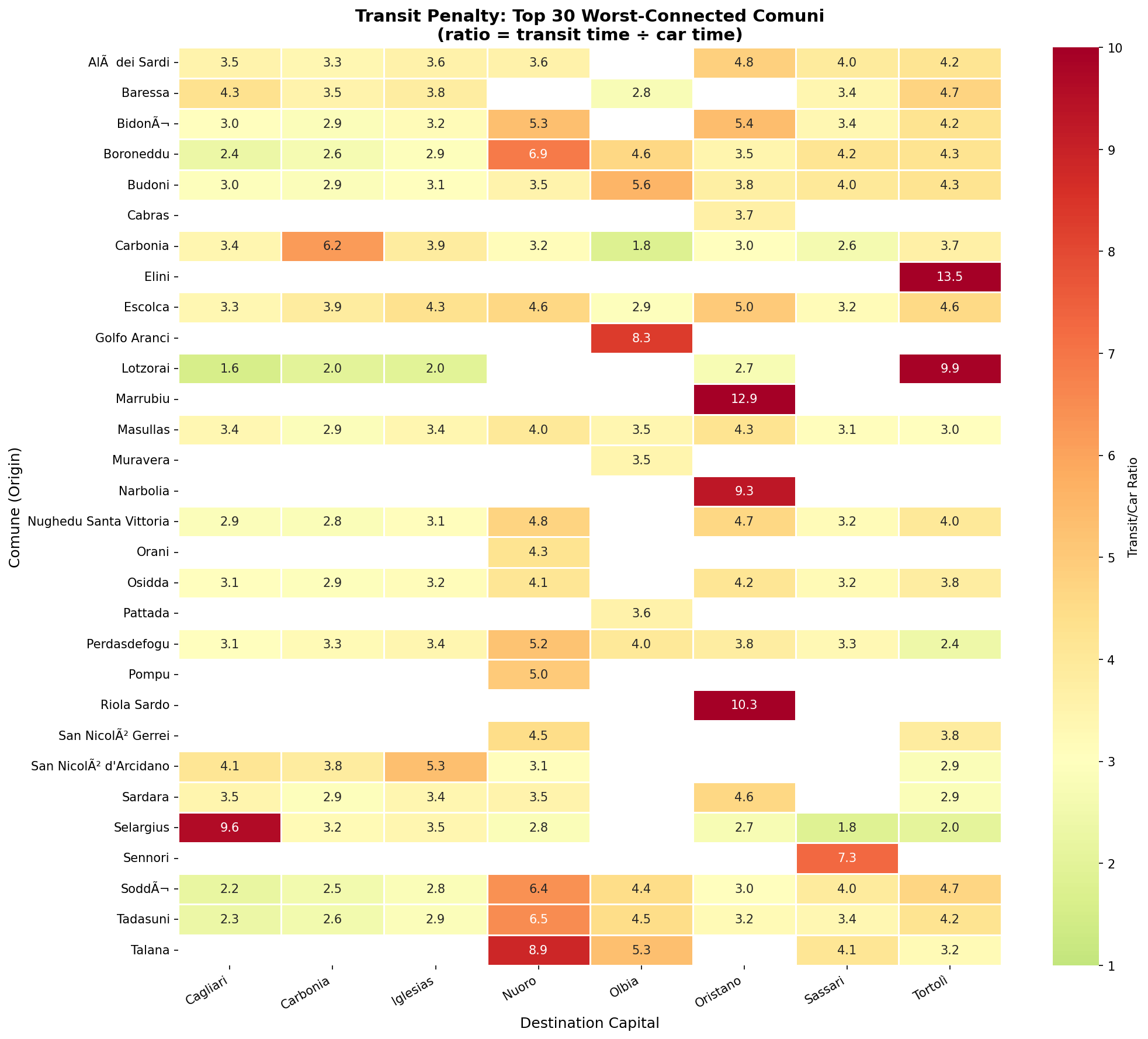 Heatmap dei tempi di viaggio transit e auto dalla matrice OD completa